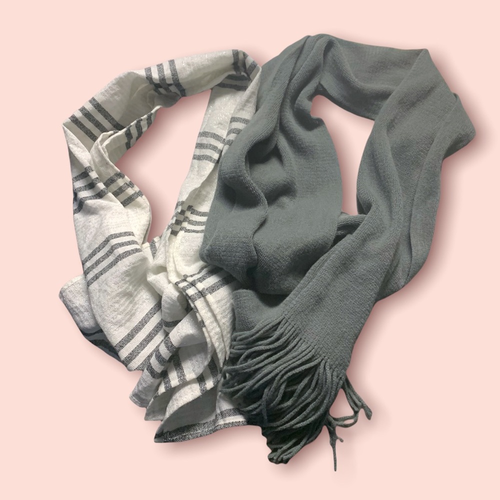 2 gray and white scarves